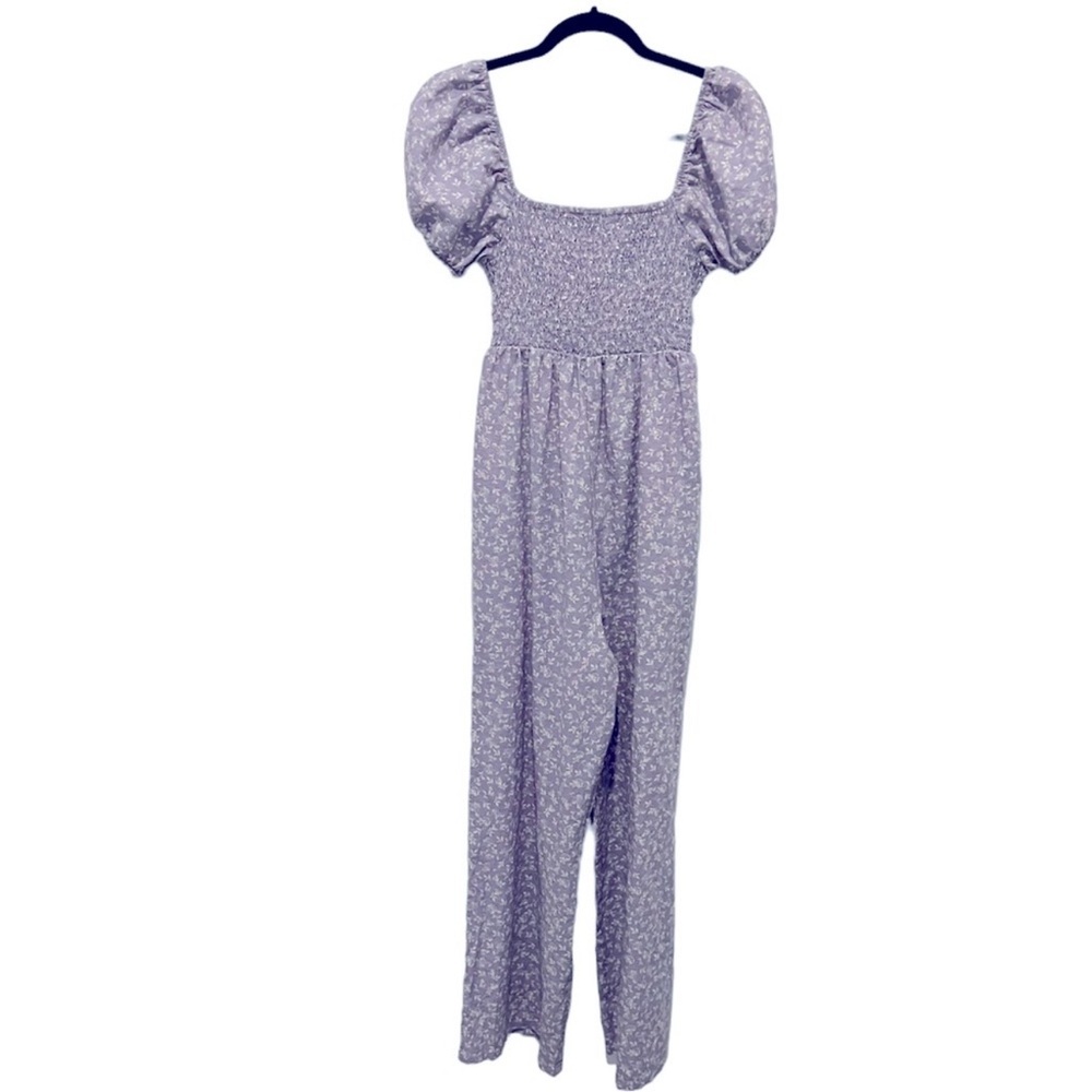 NET Rewind Floral Purple Cutout Tie Floral Puff Sleeve Jumpsuit - Picture 4 of 9